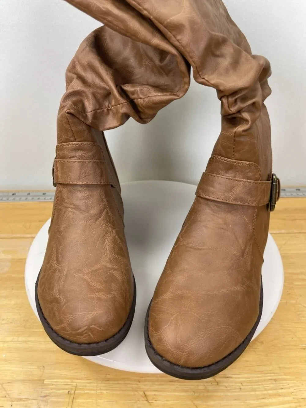 Women’s Tall Riding Boots Tan Buckle Strap Slouch Zip Size 9